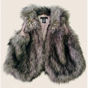 Apostrophe Petite Faux Fur Vest SP Jeweled Shoulder Grey Pink Lining Hook & Eye